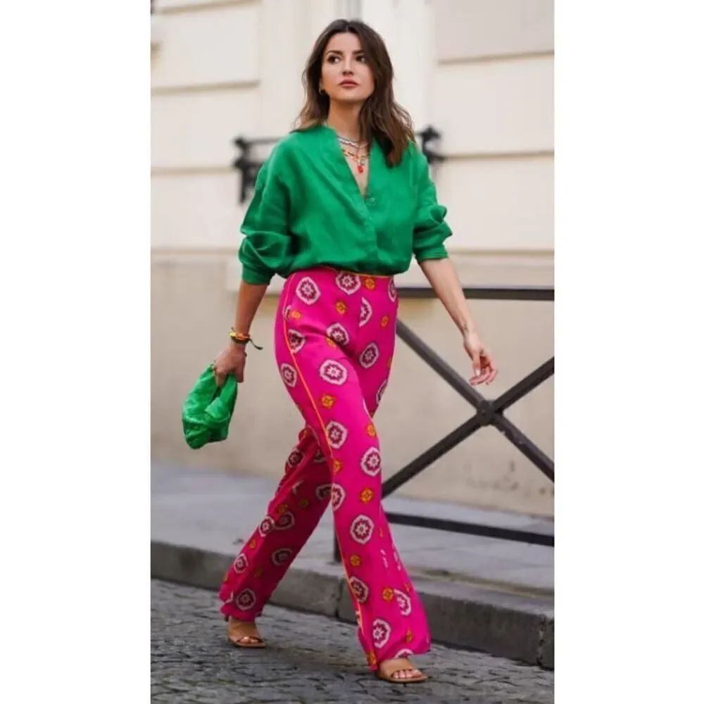 NWT Zara SS21 Limited Edition Printed Trousers Fuchsia Sz. XS